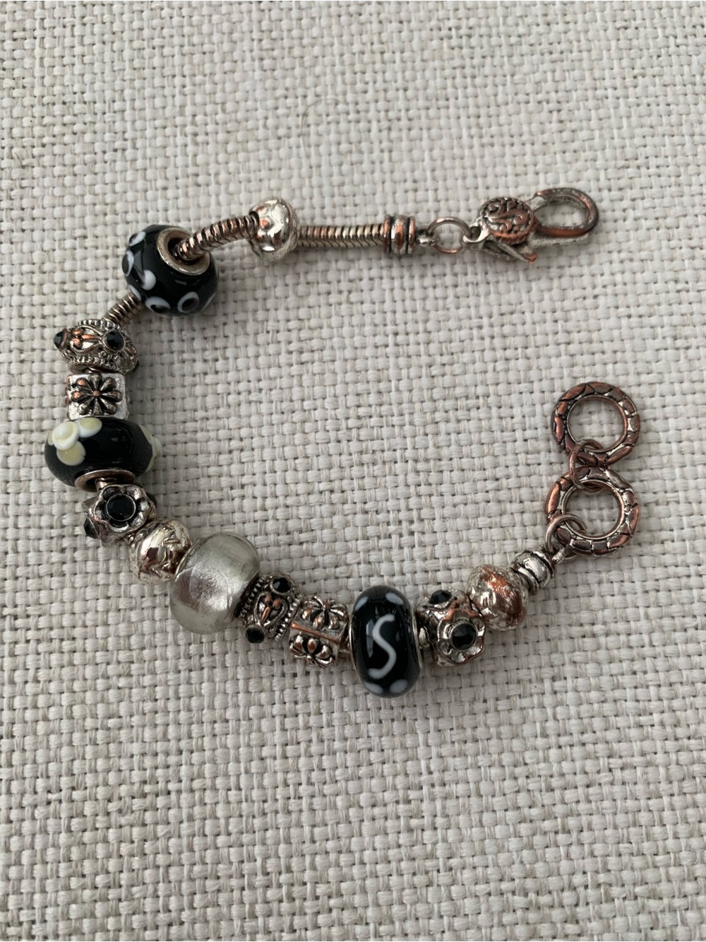 Black and Silver Beaded Charm Bracelet 8” - Women